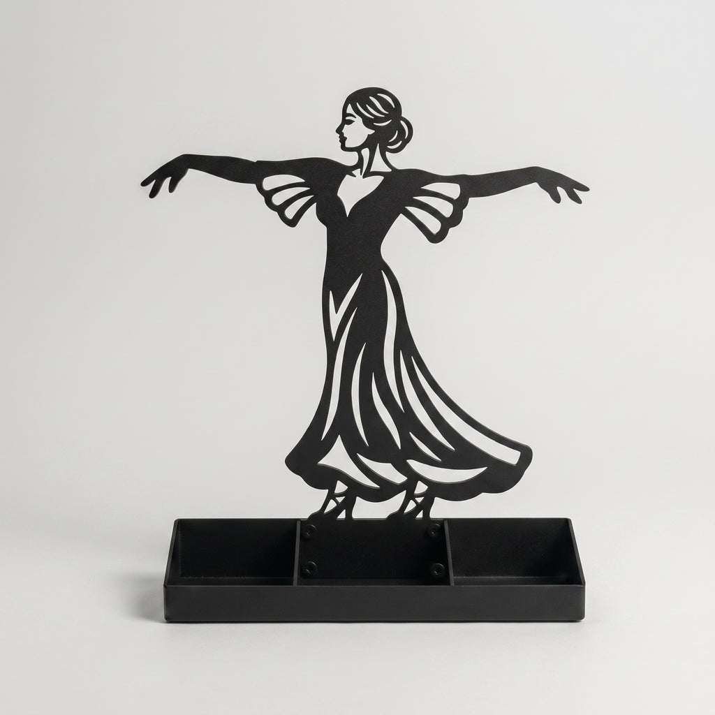 Women Jewelry Stand & Organizer | Flamenco Dancer Valet Tray for Cufflinks, Rings, Watches | Black Metal Desk Accessory | Gift for Him
