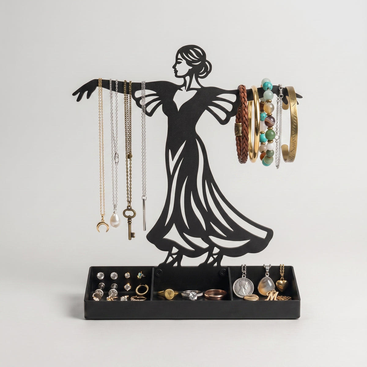 Women Jewelry Stand & Organizer | Flamenco Dancer Valet Tray for Cufflinks, Rings, Watches | Black Metal Desk Accessory | Gift for Him