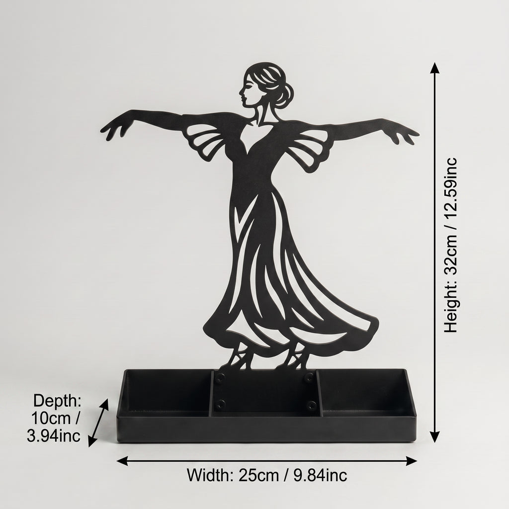 Women Jewelry Stand & Organizer | Flamenco Dancer Valet Tray for Cufflinks, Rings, Watches | Black Metal Desk Accessory | Gift for Him