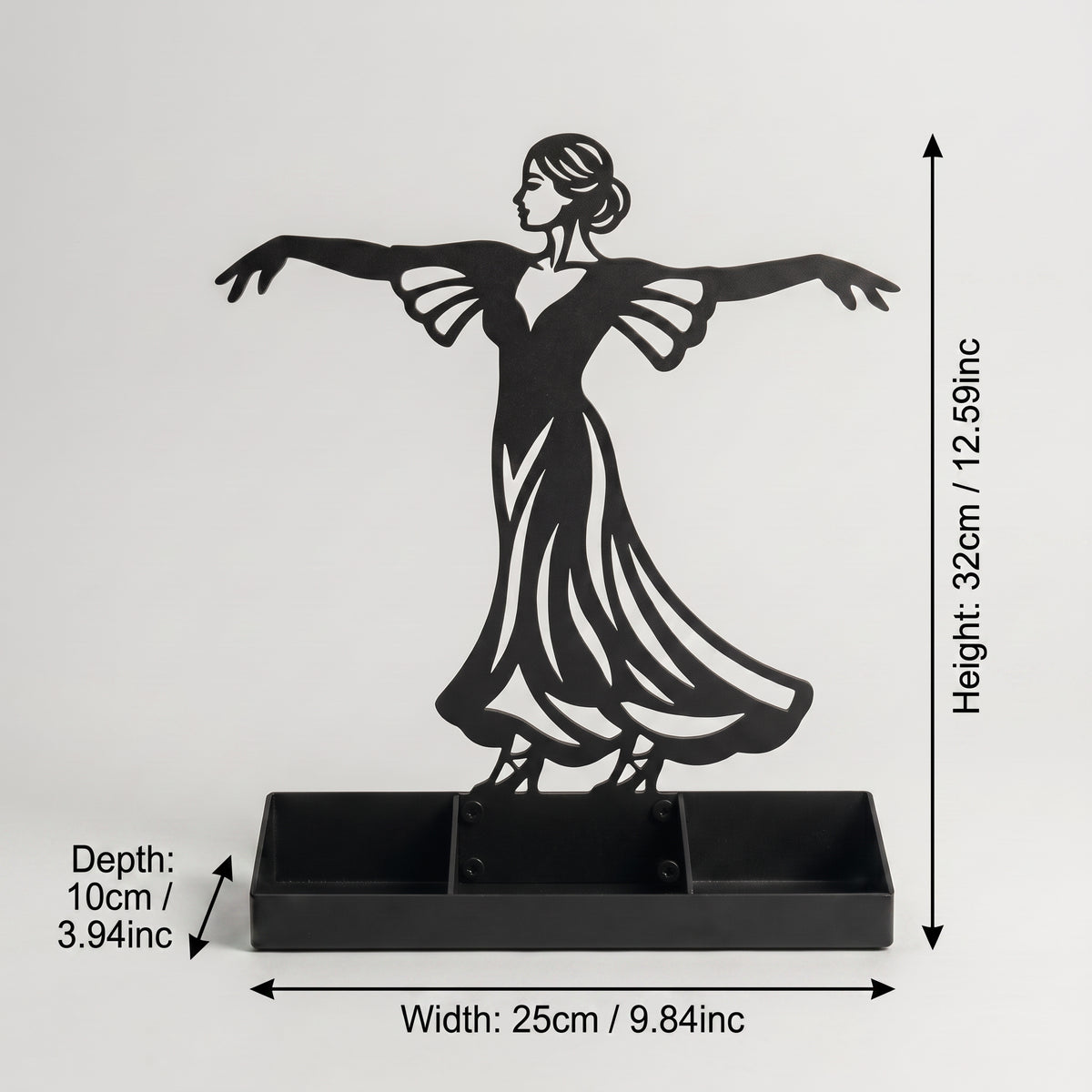 Women Jewelry Stand & Organizer | Flamenco Dancer Valet Tray for Cufflinks, Rings, Watches | Black Metal Desk Accessory | Gift for Him