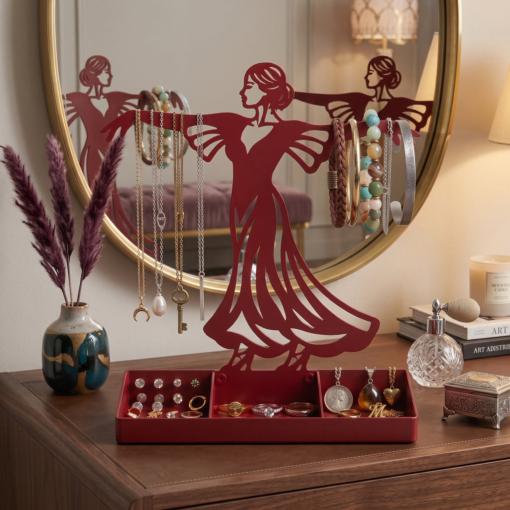 Women Jewelry Stand & Organizer | Flamenco Dancer Valet Tray for Cufflinks, Rings, Watches | Black Metal Desk Accessory | Gift for Him