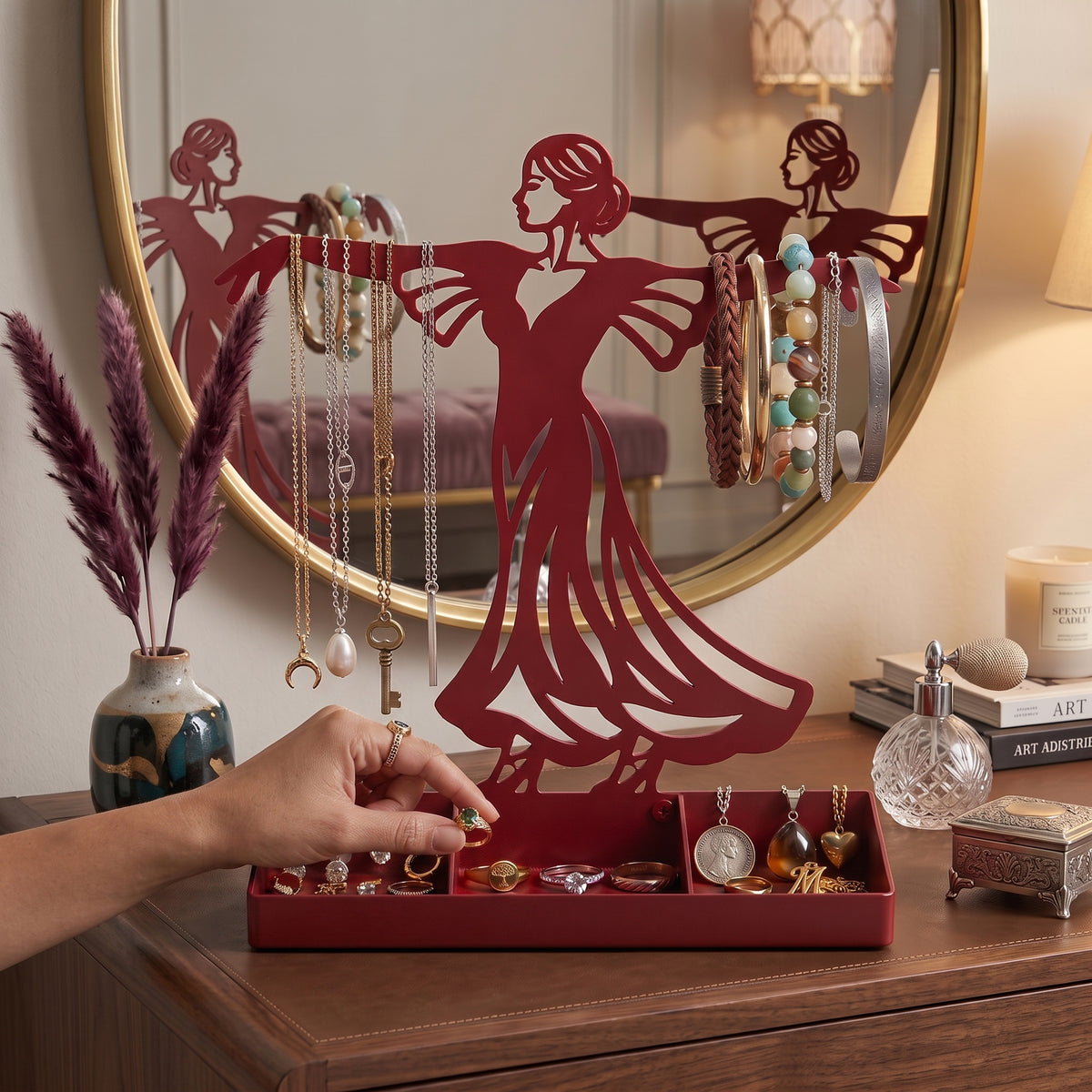 Women Jewelry Stand & Organizer | Flamenco Dancer Valet Tray for Cufflinks, Rings, Watches | Black Metal Desk Accessory | Gift for Him