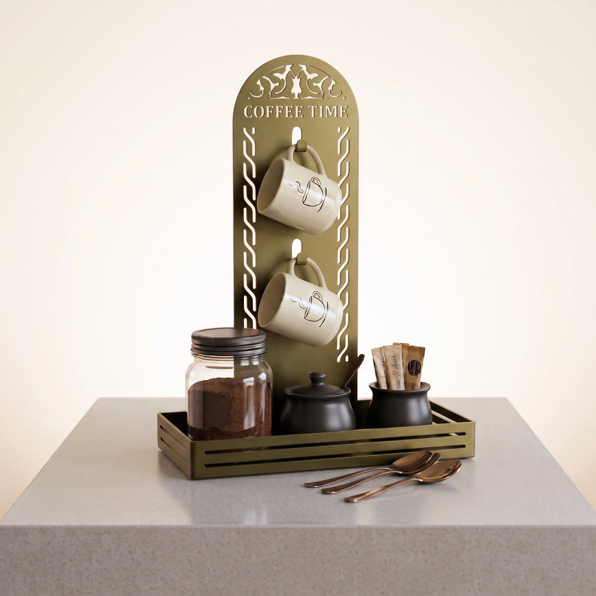 Metal Coffee Station & 2 Mug Holder Tray, 4 Colors Available