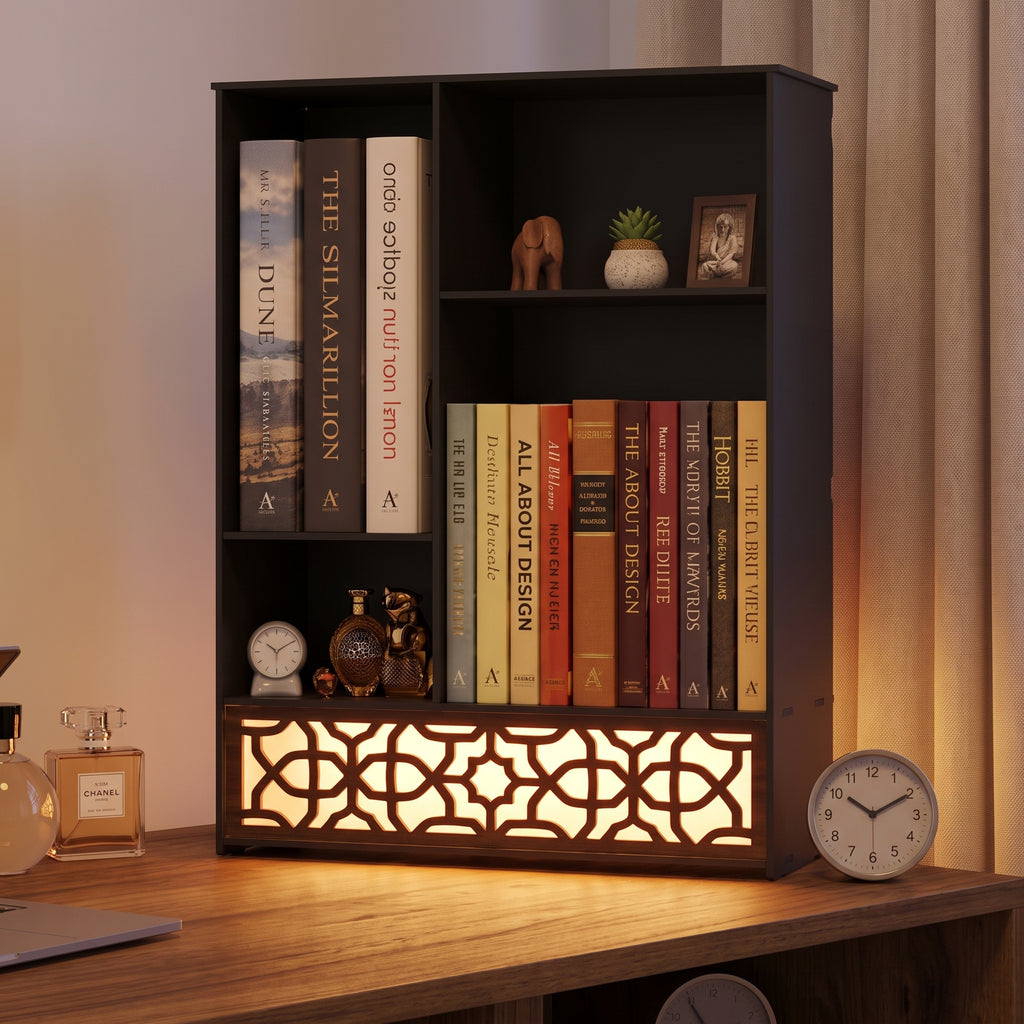 Metal Desk Organizer with Light, Desktop Bookshelf, Minimalist Book Holder