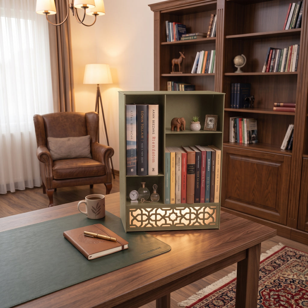 Metal Desk Organizer with Light, Desktop Bookshelf, Minimalist Book Holder