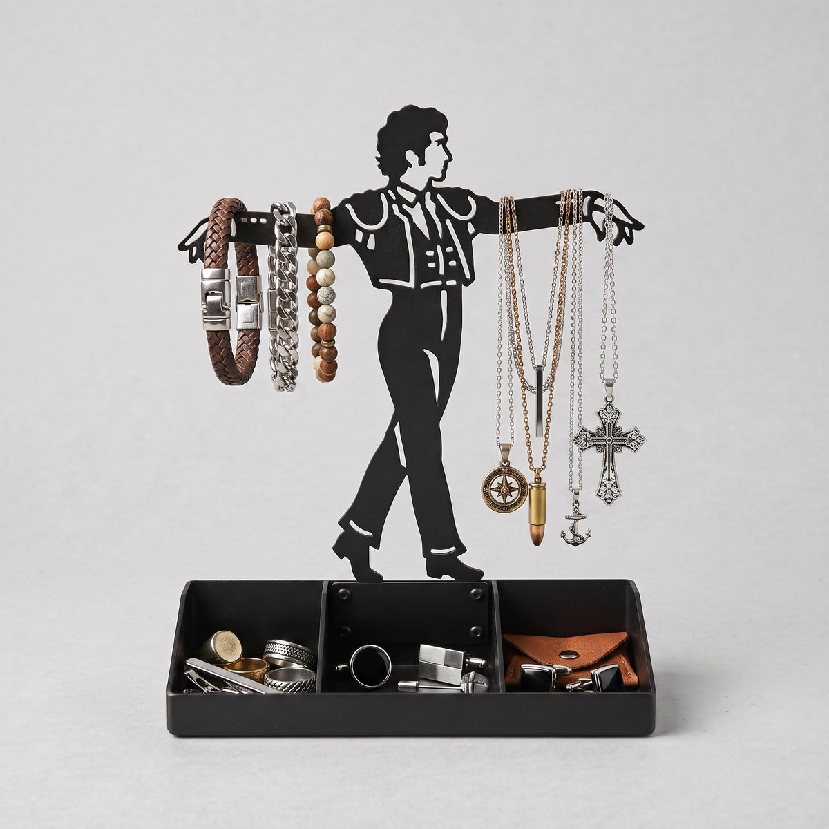 Mens Jewelry Stand & Organizer | Flamenco Dancer Valet Tray for Cufflinks, Rings, Watches | Black Metal Desk Accessory | Gift for Him