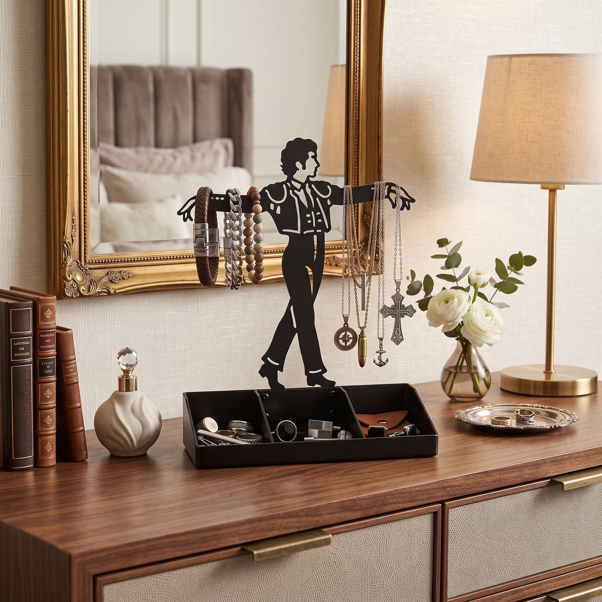 Mens Jewelry Stand & Organizer | Flamenco Dancer Valet Tray for Cufflinks, Rings, Watches | Black Metal Desk Accessory | Gift for Him