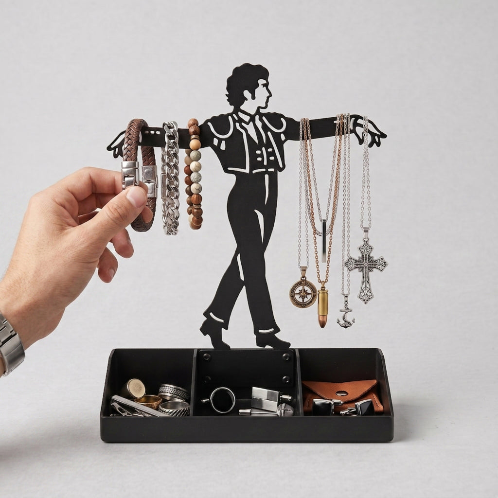 Mens Jewelry Stand & Organizer | Flamenco Dancer Valet Tray for Cufflinks, Rings, Watches | Black Metal Desk Accessory | Gift for Him