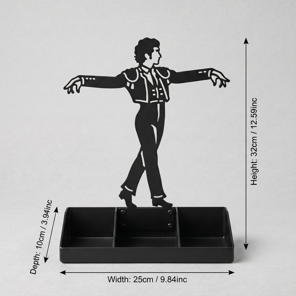 Mens Jewelry Stand & Organizer | Flamenco Dancer Valet Tray for Cufflinks, Rings, Watches | Black Metal Desk Accessory | Gift for Him
