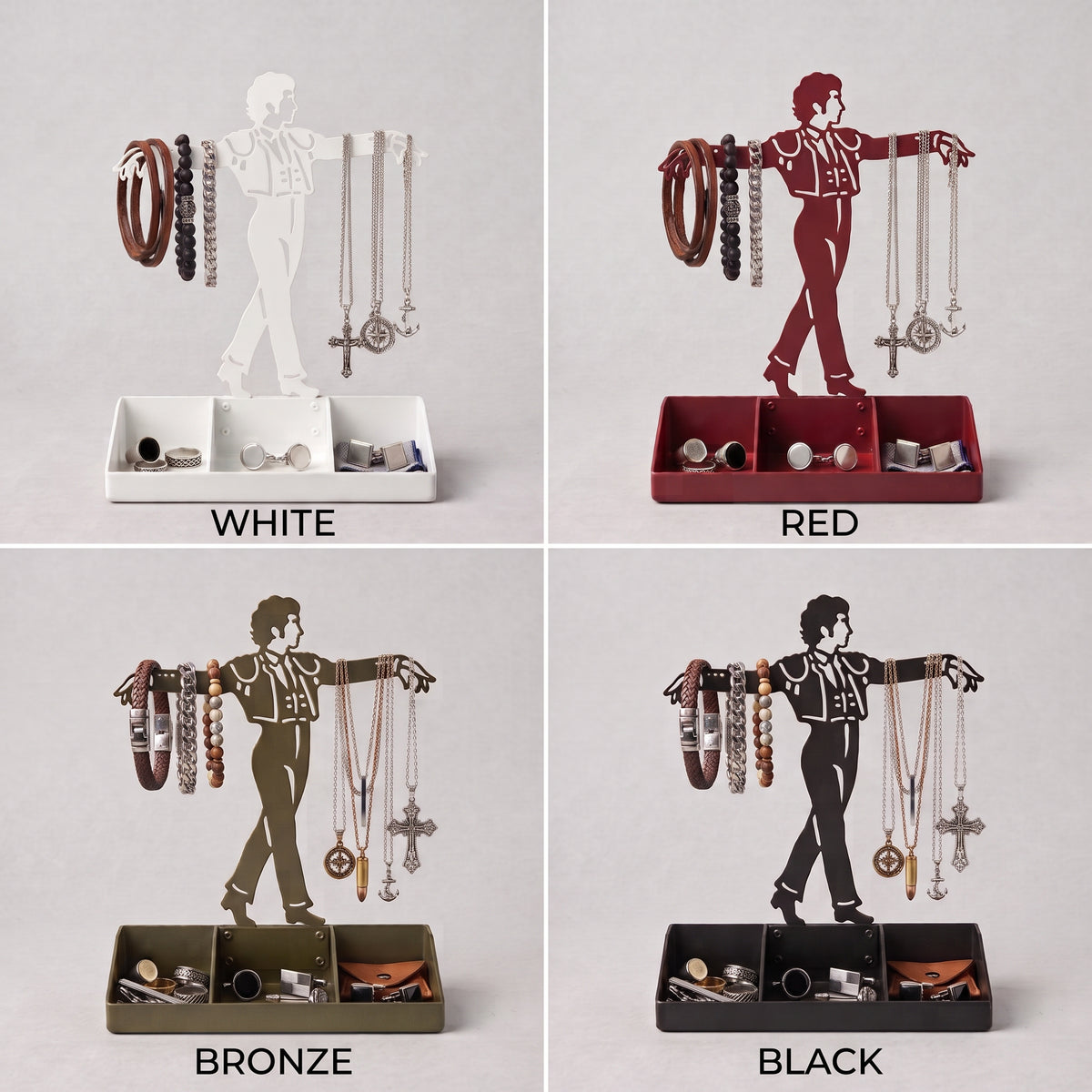 Mens Jewelry Stand & Organizer | Flamenco Dancer Valet Tray for Cufflinks, Rings, Watches | Black Metal Desk Accessory | Gift for Him