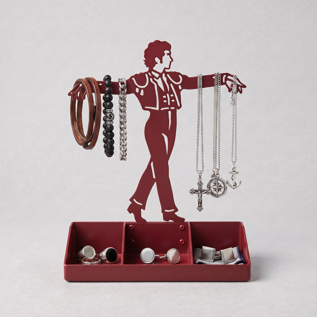 Mens Jewelry Stand & Organizer | Flamenco Dancer Valet Tray for Cufflinks, Rings, Watches | Black Metal Desk Accessory | Gift for Him
