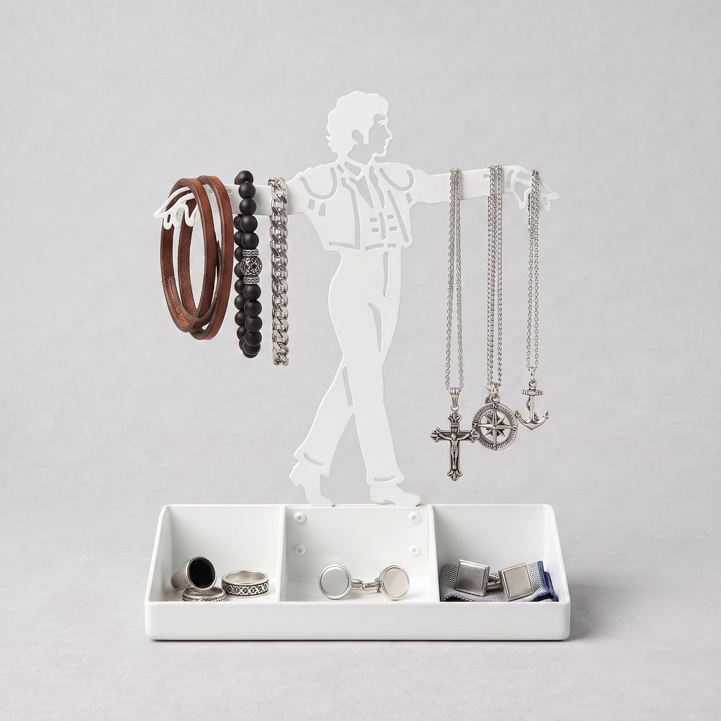 Mens Jewelry Stand & Organizer | Flamenco Dancer Valet Tray for Cufflinks, Rings, Watches | Black Metal Desk Accessory | Gift for Him