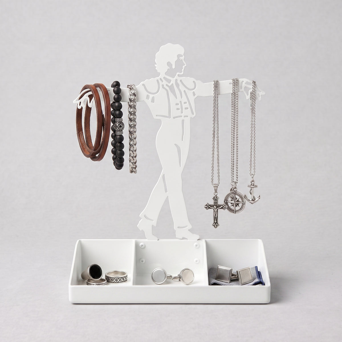 Mens Jewelry Stand & Organizer | Flamenco Dancer Valet Tray for Cufflinks, Rings, Watches | Black Metal Desk Accessory | Gift for Him