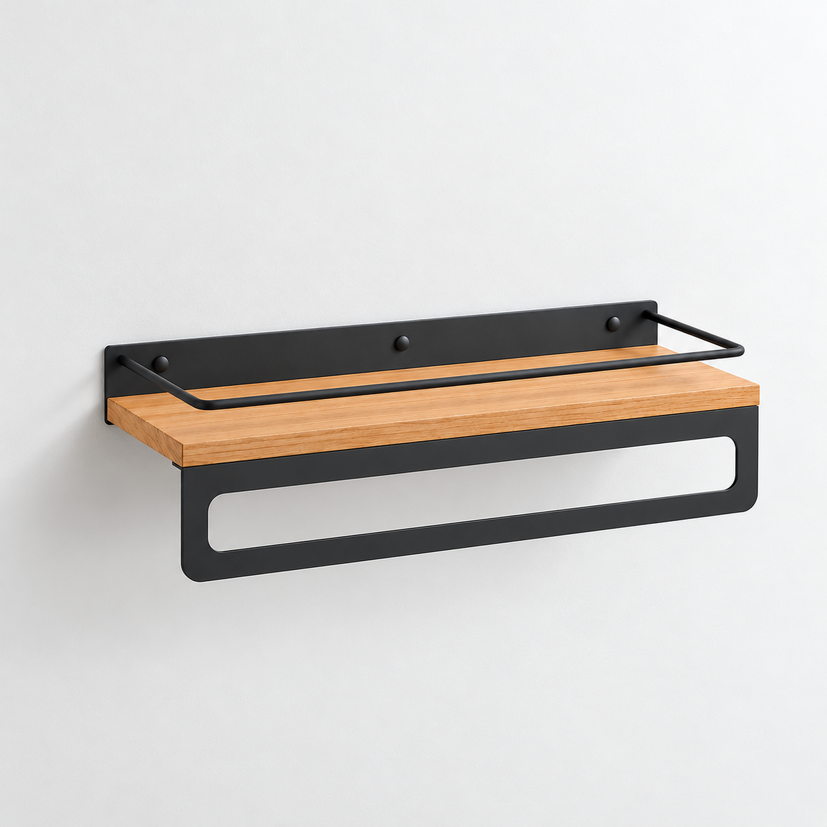 Bathroom Shelf with Towel Bar, Wall Mounted Oak Wood and Metal Organizer