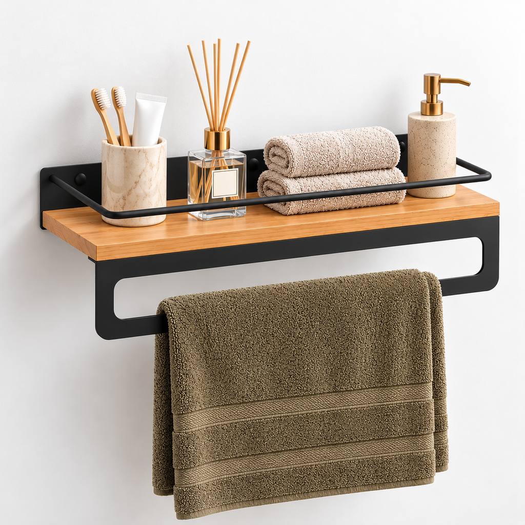 Bathroom Shelf with Towel Bar, Wall Mounted Oak Wood and Metal Organizer