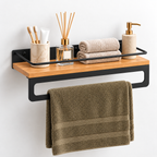 Bathroom Shelf with Towel Bar, Wall Mounted Oak Wood and Metal Organizer