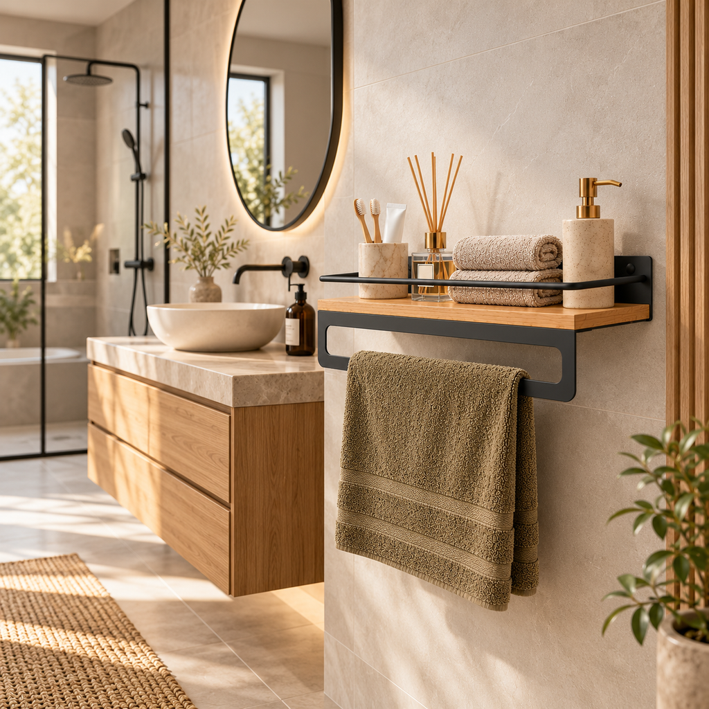 Bathroom Shelf with Towel Bar, Wall Mounted Oak Wood and Metal Organizer