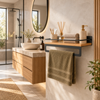 Bathroom Shelf with Towel Bar, Wall Mounted Oak Wood and Metal Organizer