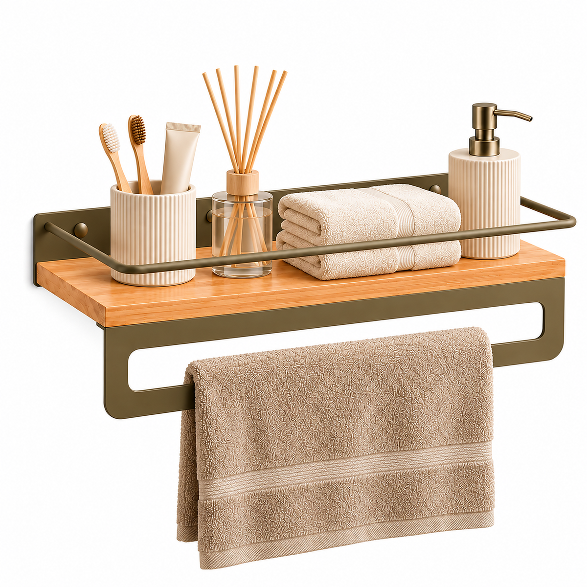Bathroom Shelf with Towel Bar, Wall Mounted Oak Wood and Metal Organizer