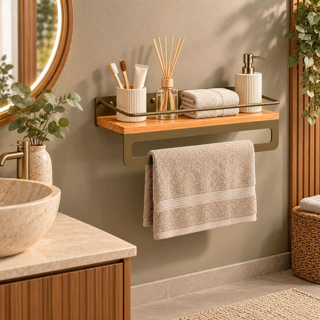 Bathroom Shelf with Towel Bar, Wall Mounted Oak Wood and Metal Organizer
