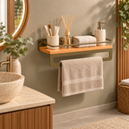 Bathroom Shelf with Towel Bar, Wall Mounted Oak Wood and Metal Organizer