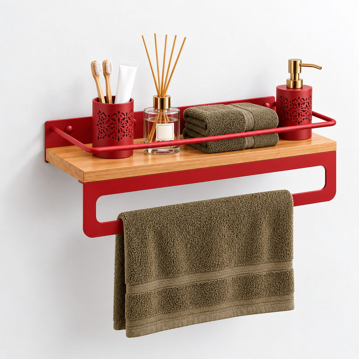 Bathroom Shelf with Towel Bar, Wall Mounted Oak Wood and Metal Organizer
