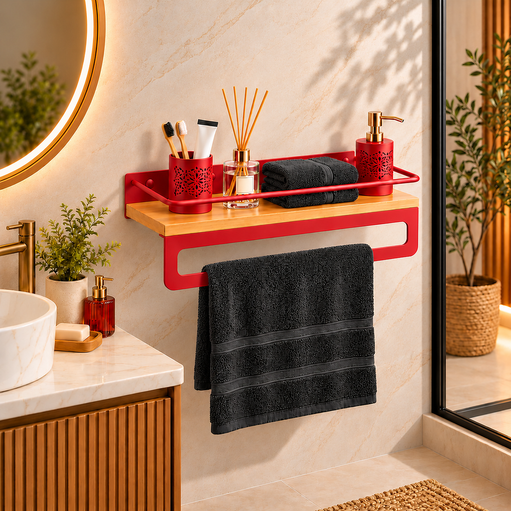 Bathroom Shelf with Towel Bar, Wall Mounted Oak Wood and Metal Organizer