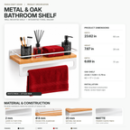 Bathroom Shelf with Towel Bar, Wall Mounted Oak Wood and Metal Organizer