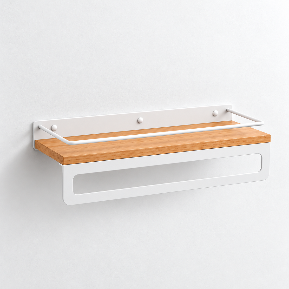 Bathroom Shelf with Towel Bar, Wall Mounted Oak Wood and Metal Organizer