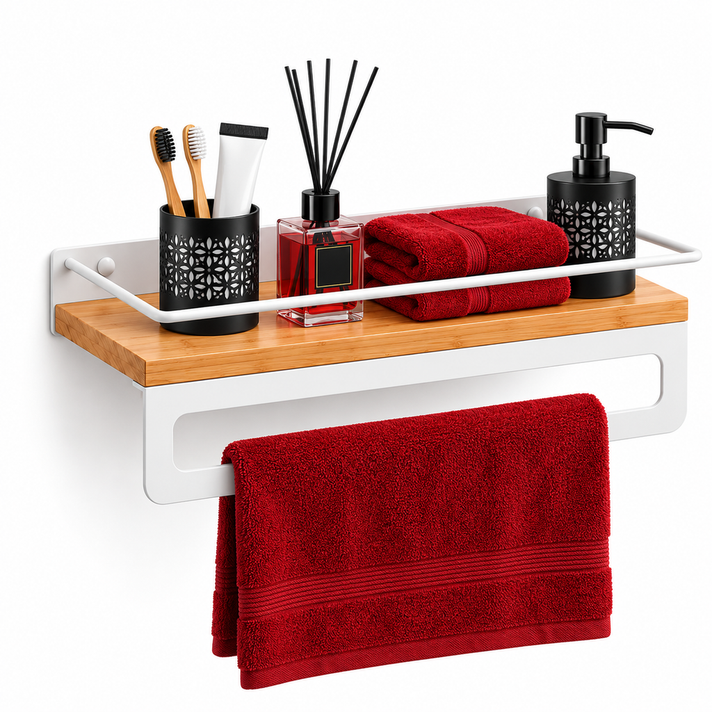 Bathroom Shelf with Towel Bar, Wall Mounted Oak Wood and Metal Organizer