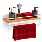Bathroom Shelf with Towel Bar, Wall Mounted Oak Wood and Metal Organizer