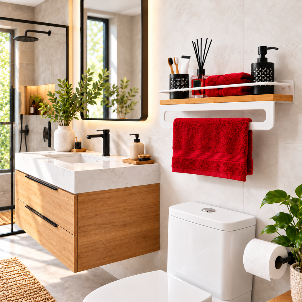 Bathroom Shelf with Towel Bar, Wall Mounted Oak Wood and Metal Organizer