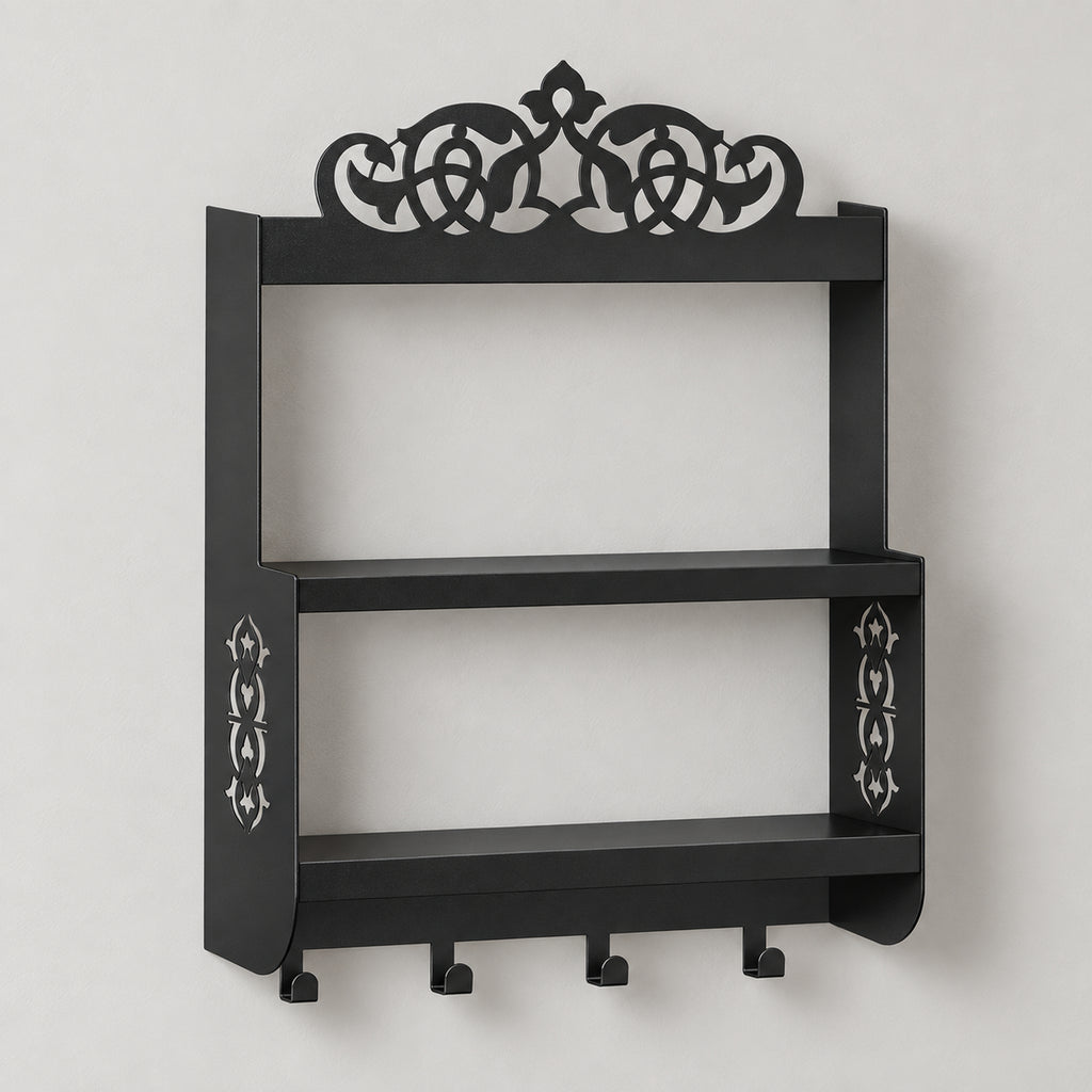 Wall-Mounted Metal Coffee Station Shelf with Mug Hooks