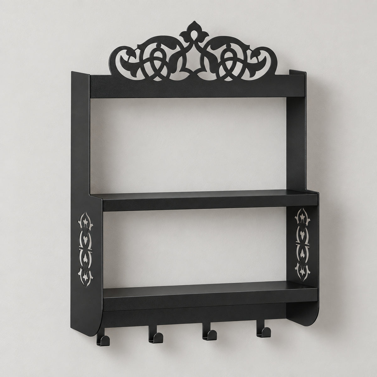 Wall-Mounted Metal Coffee Station Shelf with Mug Hooks
