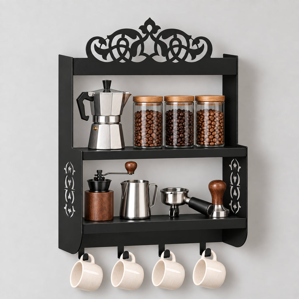 Wall-Mounted Metal Coffee Station Shelf with Mug Hooks