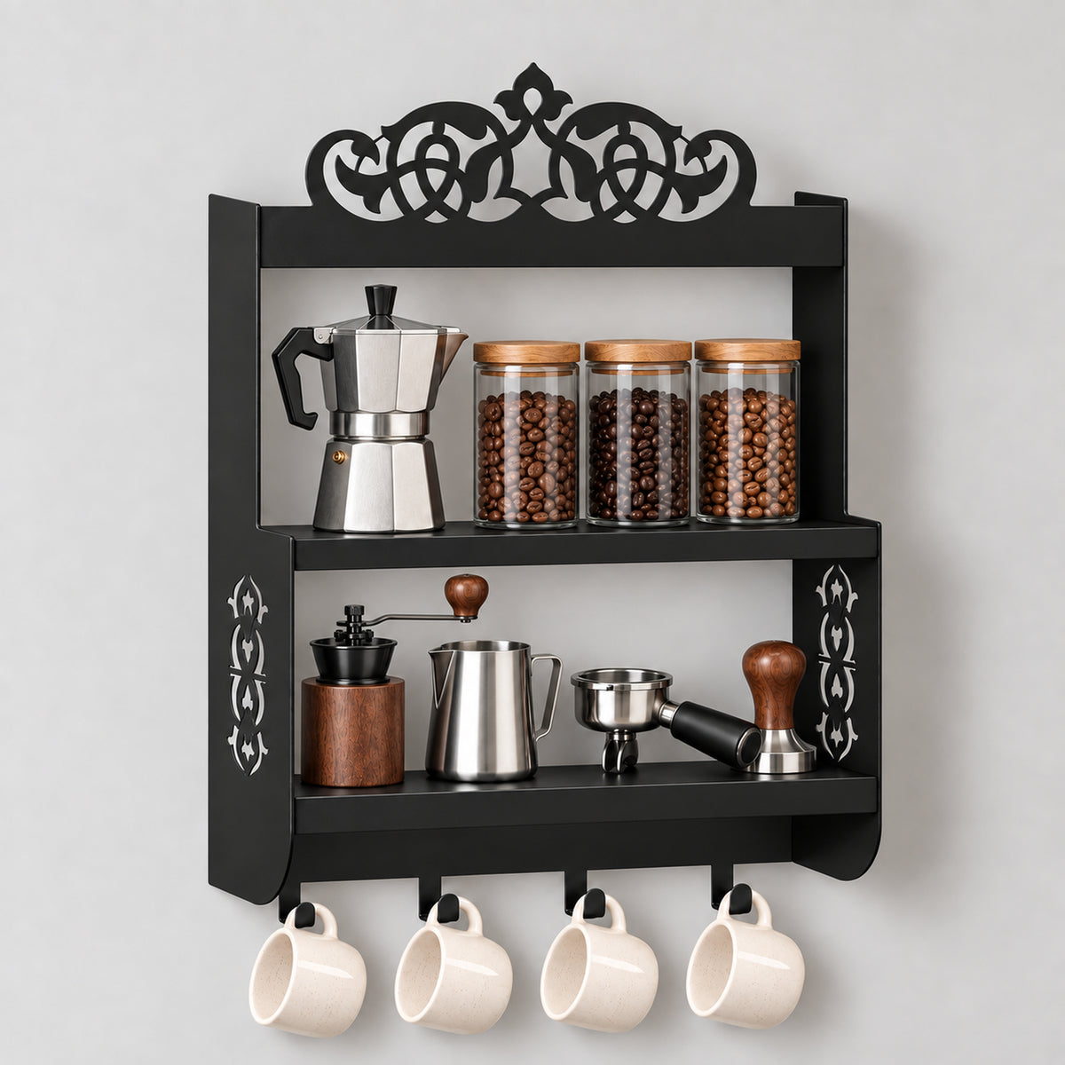 Wall-Mounted Metal Coffee Station Shelf with Mug Hooks