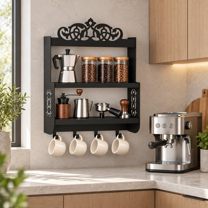 Wall-Mounted Metal Coffee Station Shelf with Mug Hooks