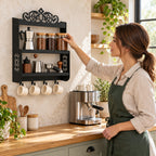 Wall-Mounted Metal Coffee Station Shelf with Mug Hooks