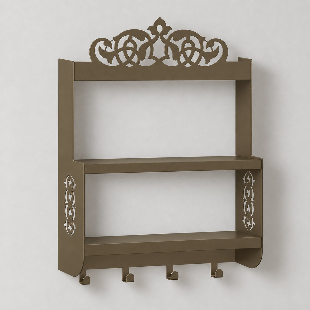 Wall-Mounted Metal Coffee Station Shelf with Mug Hooks