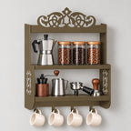 Wall-Mounted Metal Coffee Station Shelf with Mug Hooks