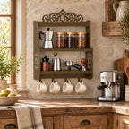 Wall-Mounted Metal Coffee Station Shelf with Mug Hooks
