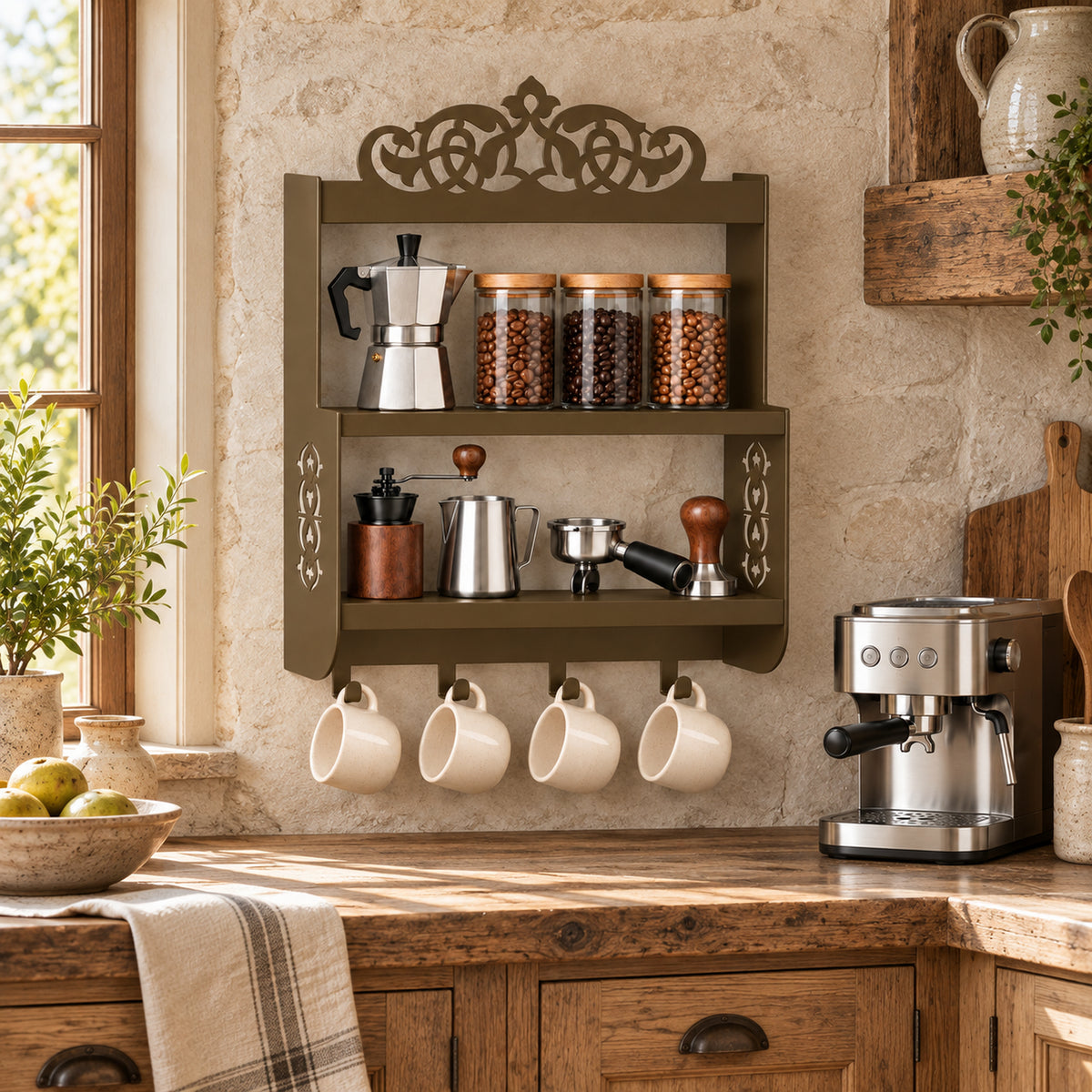 Wall-Mounted Metal Coffee Station Shelf with Mug Hooks