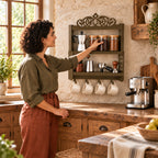 Wall-Mounted Metal Coffee Station Shelf with Mug Hooks