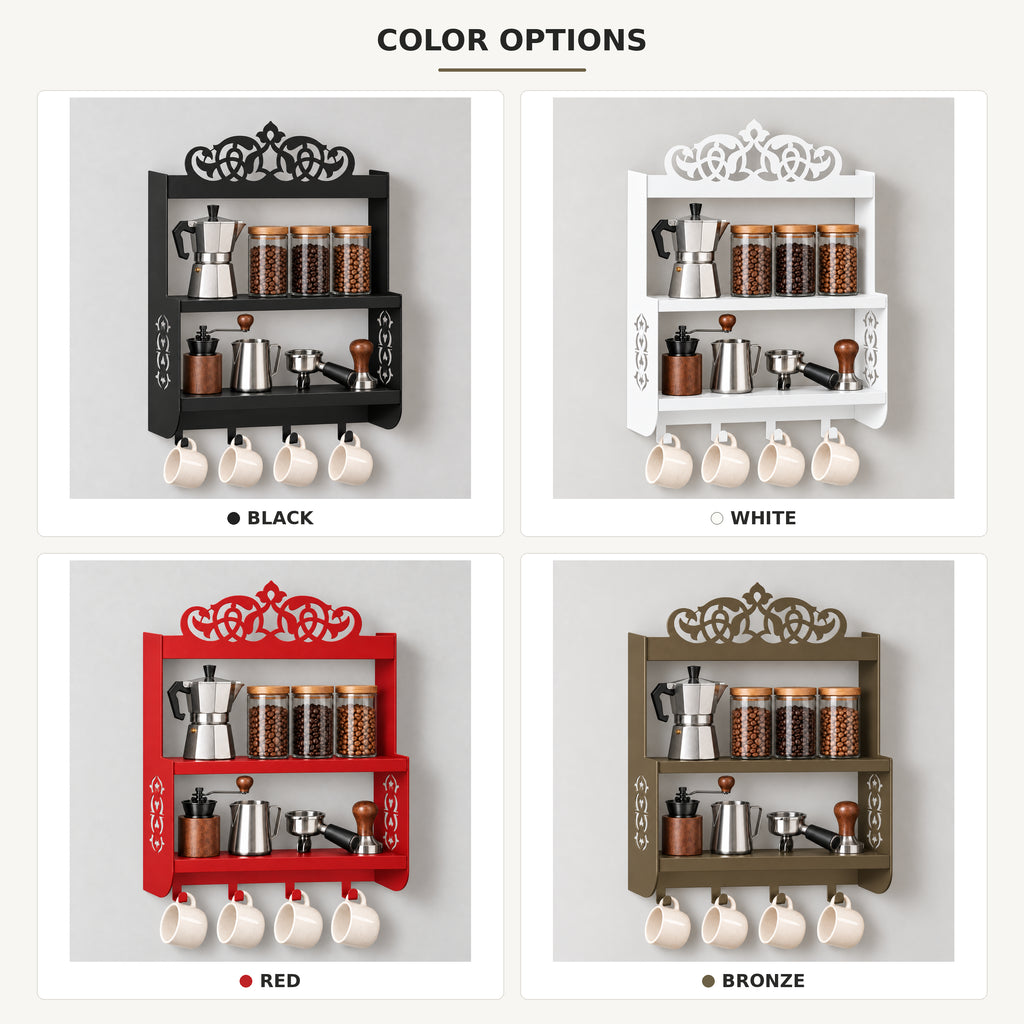 Wall-Mounted Metal Coffee Station Shelf with Mug Hooks