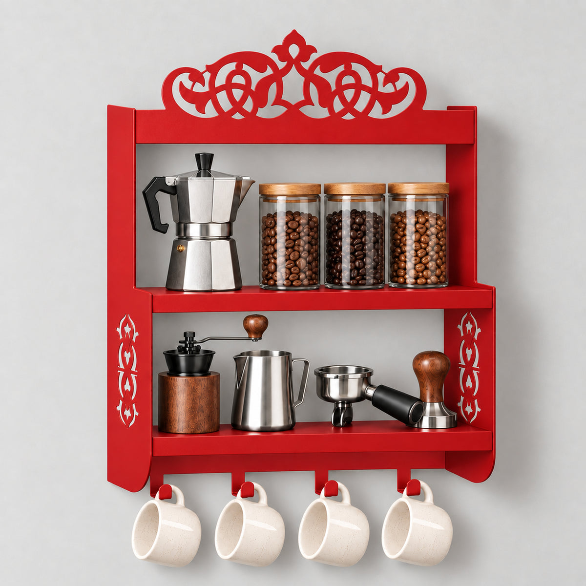 Wall-Mounted Metal Coffee Station Shelf with Mug Hooks