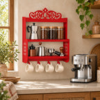 Wall-Mounted Metal Coffee Station Shelf with Mug Hooks