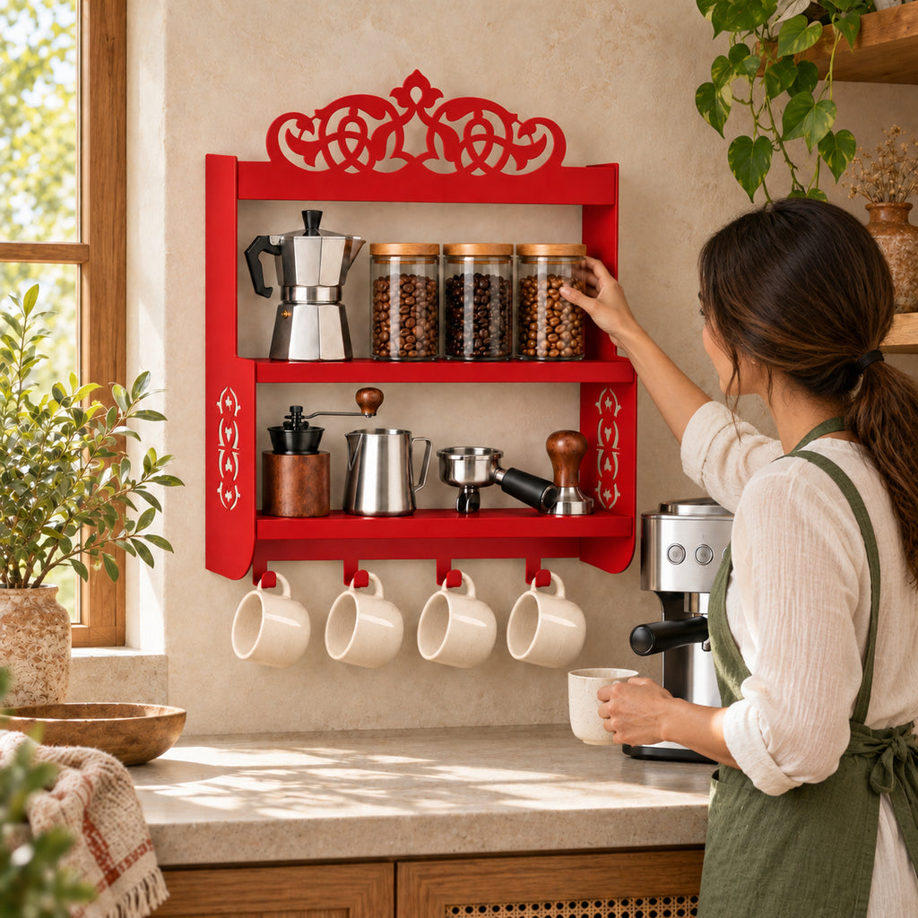 Wall-Mounted Metal Coffee Station Shelf with Mug Hooks