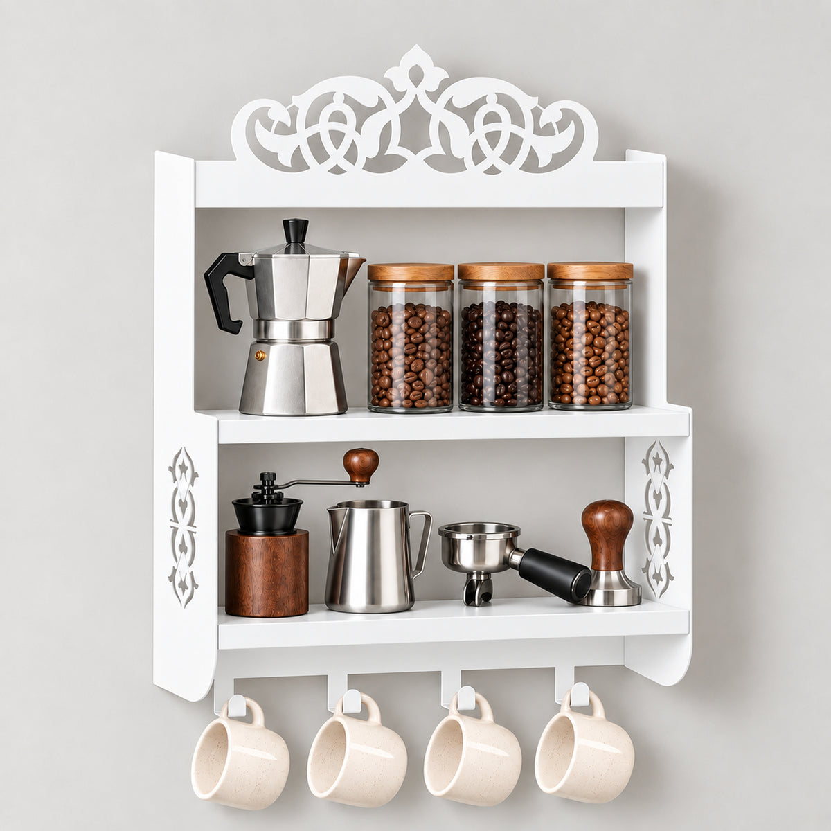 Wall-Mounted Metal Coffee Station Shelf with Mug Hooks