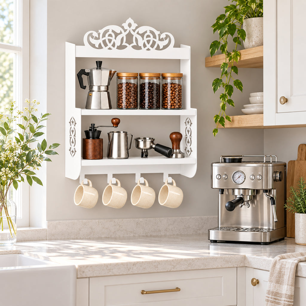 Wall-Mounted Metal Coffee Station Shelf with Mug Hooks
