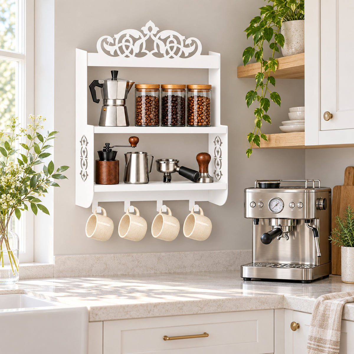 Wall-Mounted Metal Coffee Station Shelf with Mug Hooks